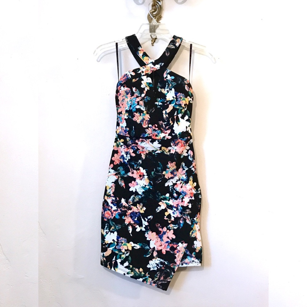 MATERIAL GIRL | Black & Floral Halter Mini Dress w/ Front Cut-Out & Back Zipper
